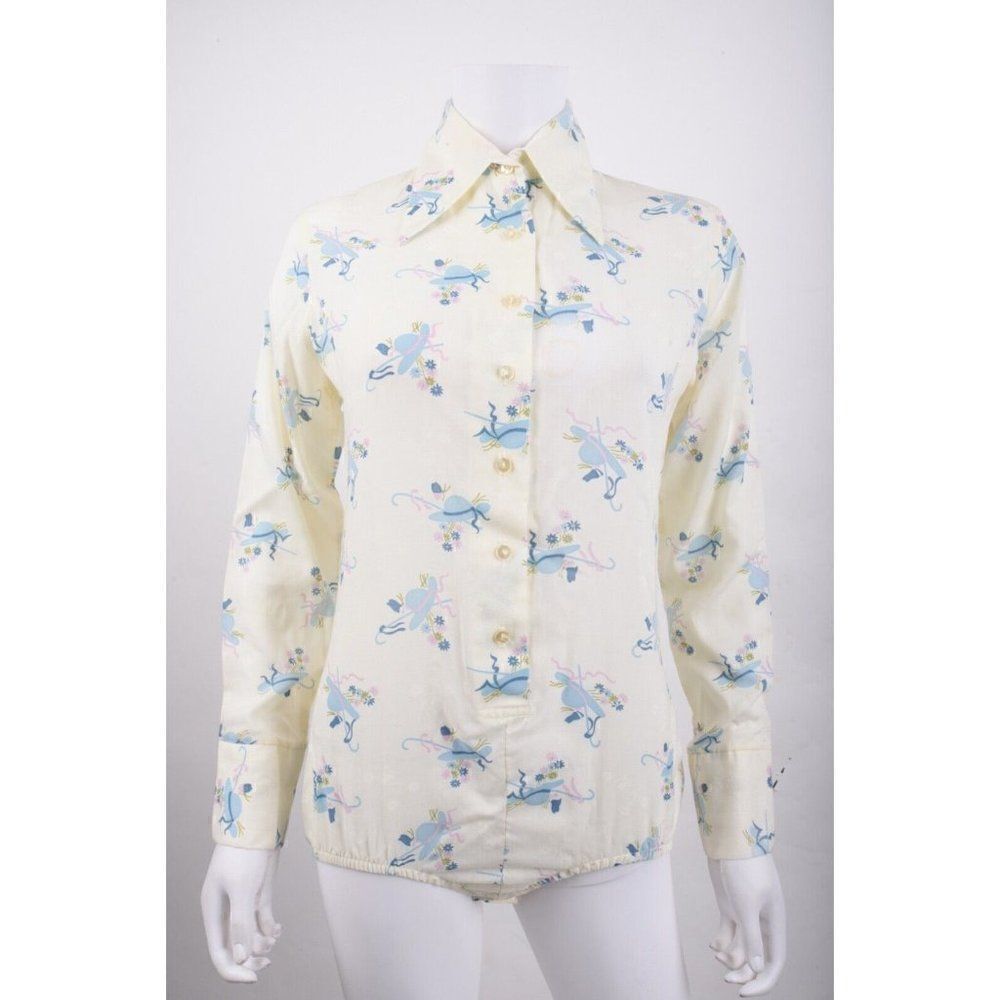 Vintage Lily of France Womens Bodysuit Shirt Sz S Spread Collar Hat Floral